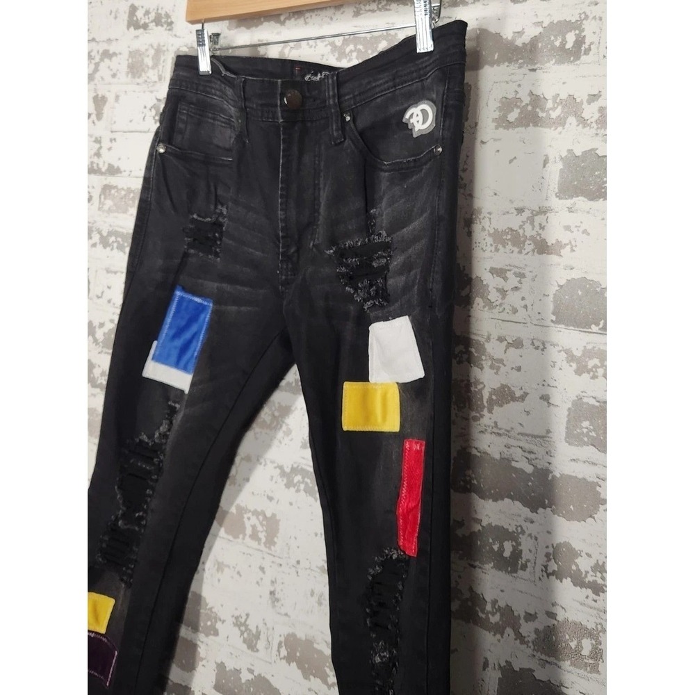 Frost Origs Distressed Patchwork Jeans Mens 32 Black Ripped Streetwear Urban - Picture 6 of 16